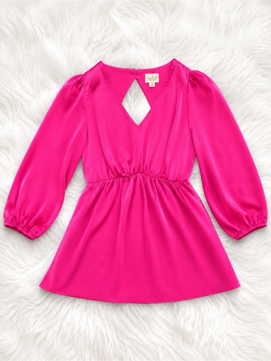 Ingrid & Isabel Tops - Isabel by Ingrid & Isabel Hot Pink Satin Blouse XS Puff Sleeve Babydoll V Neck